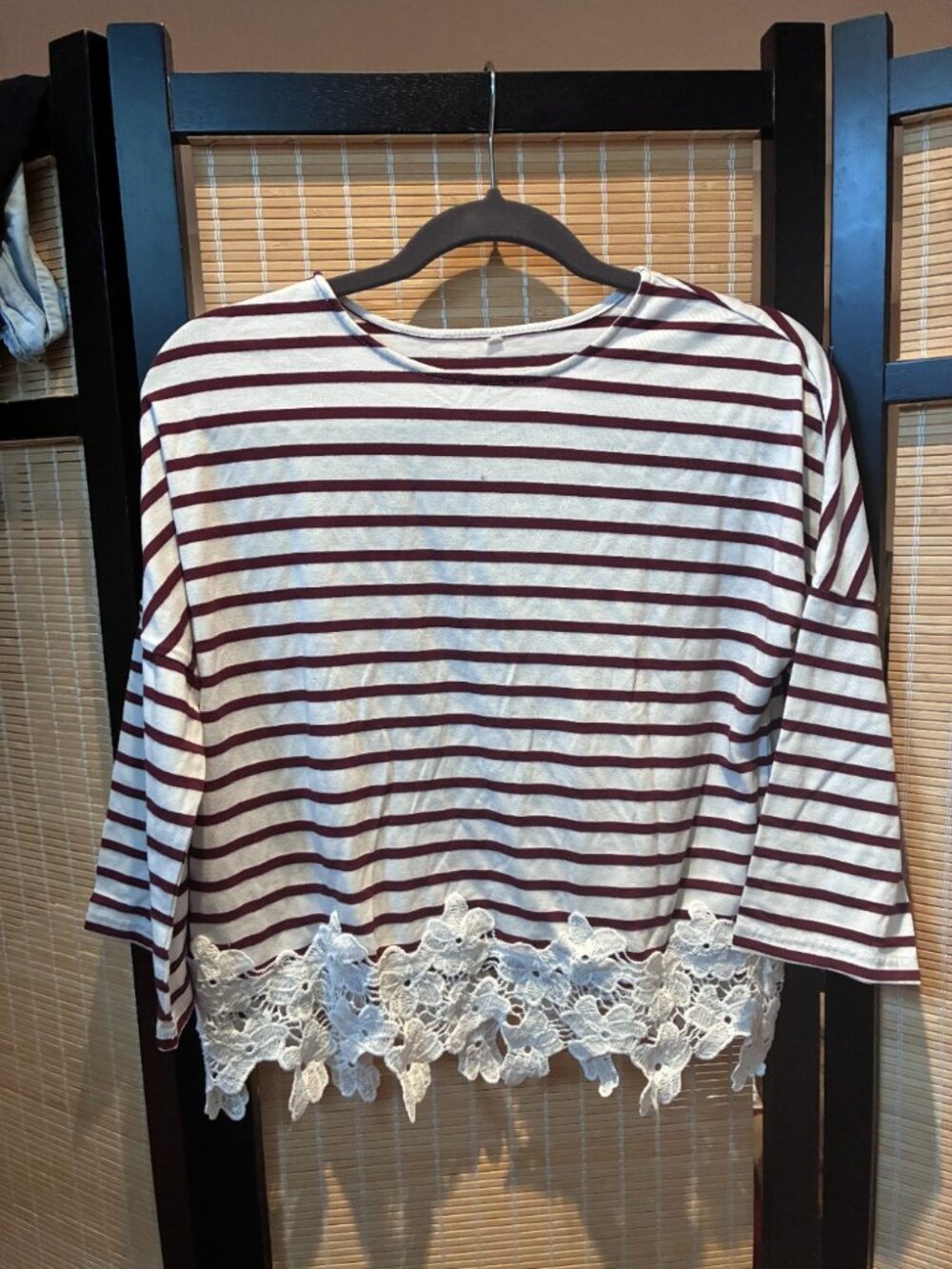 SHEIN Burgundy & White Striped Lace-Hem Top Size S